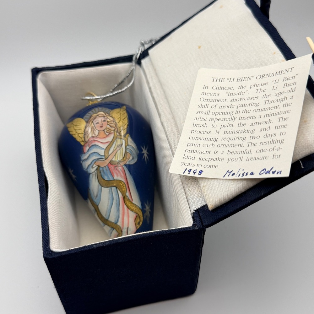 Li Bien 1998 Angel with Harp Glass Ornament Hand Painted Cobalt Blue Boxed
